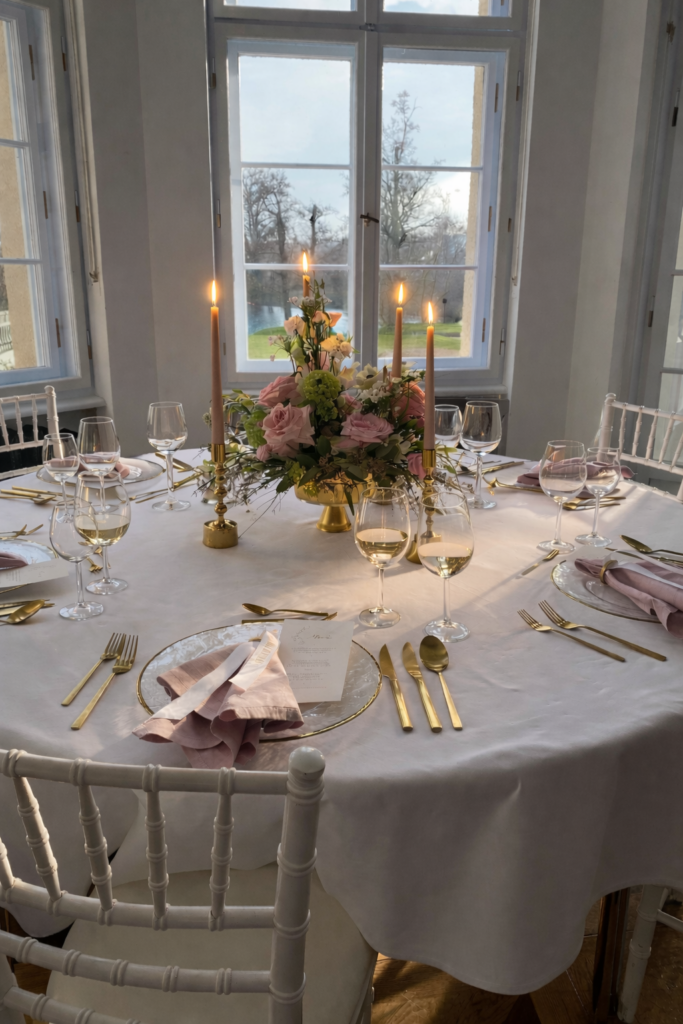 Eleganter runder Tisch mit goldenem Besteck, rosa Servietten, floralem Mittelstück und brennenden Kerzen am Fenster - perfekt arrangiert durch unseren Dekorationsservice und Dekoverleih.