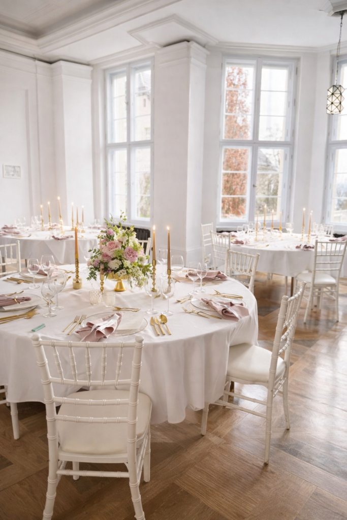 Elegante runde Tische mit weißer Bettwäsche, Blumen und Kerzen in einem hellen, luftigen Raum - perfekt gestylt mit unserem Dekorationsservice und erhältlich über unseren Dekoverleih für jeden Anlass.