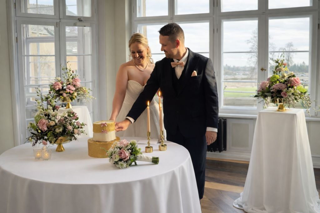 Ein Mann und eine Frau stehen nebeneinander und besprechen ihre Veranstaltungspläne mit einem professionellen Dekorationsservice.